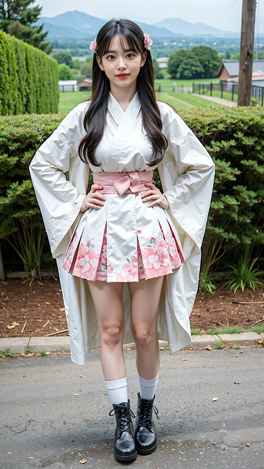 (8k、RAW Photos、Highest quality、masterpiece:1.2)、(Highest quality、Realistic)、1 Girl、((Pink black and white kimono、Japanese style、mini skirt、Floral、band、Idol Costume、ribbon、See-through、Thin legs、whole body、boots、garden、View from the front、Looking into the camera、Stand with hands on hips))、cute