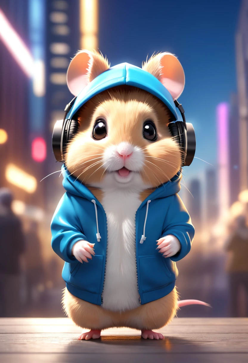 Cute hamster，Hairy，Wearing a hoodie and headphones, blurred city background, Cute numbers, 3D Rendering, Bright light, Vibrant colors,