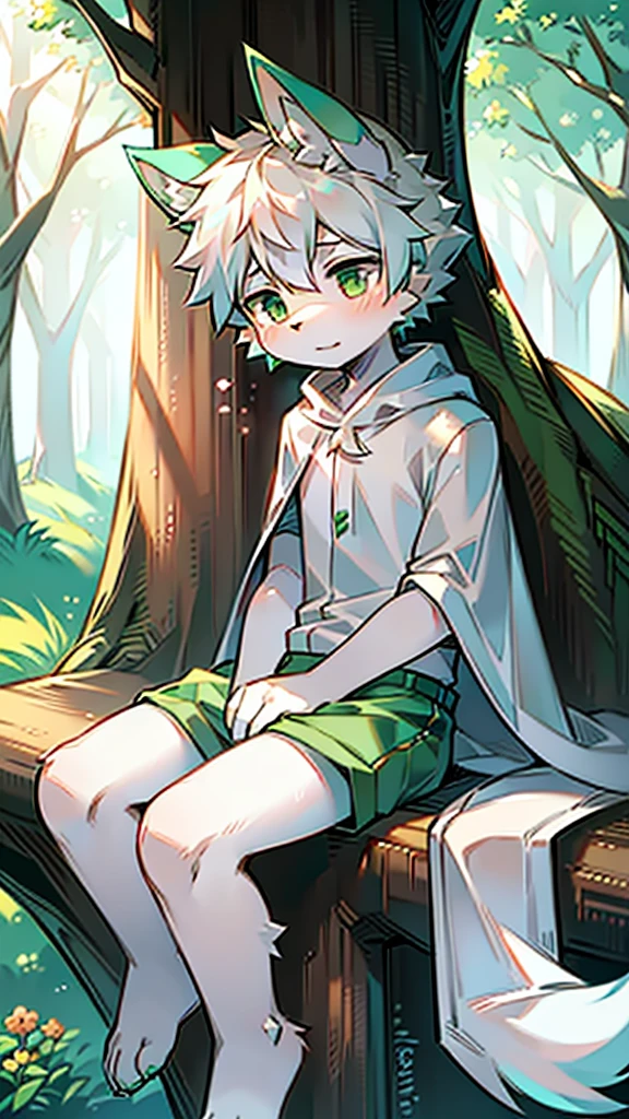 A young boy sitting on a dead tree in the forest in the sun. White and green fur wolf ears. Cute wolf ears. Shy white shirt, white shorts, white cape with green