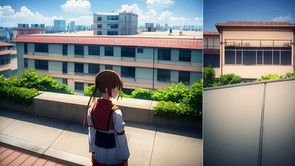 anime styling, tribe, Standing on the terrace of a building, image from bottom to top angle