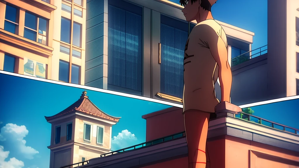 anime styling, tribe, Standing on the terrace of a building, image from bottom to top angle