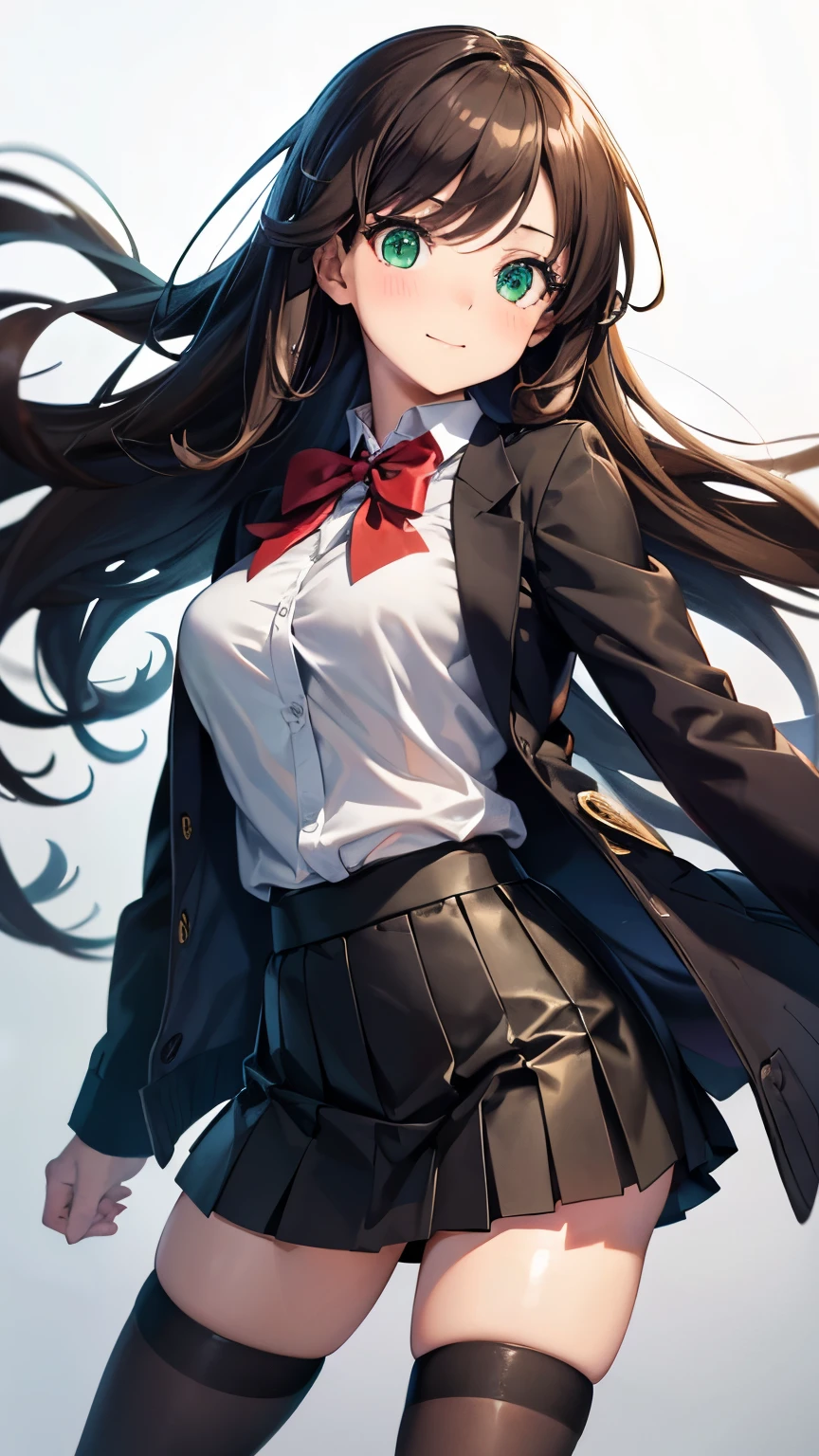 ((Tabletop, Highest quality, High resolution, Hmph, Pixel perfect, Depth of written boundary, 4K, Hmph, Hmph))), One Girl, single, alone, Beautiful Anime Girls, Beautiful art style, Anime characters, ((Long Hair, bangs, Dark brown hair, Curly Hair:0.8)), ((Green Eyes:1.4, Detailed eyes, Beautiful Eyes, Perfect Eyes,Curled eyelashes, Realistic eyes)), ((Detailed face, blush:1.2)), ((Smooth texture:0.75, Realistic texture:0.5, Anime CG style)), Medium chest, Dynamic Angle, Big Breasts, Perfect body, Dynamic pose, ((Red bow tie, , Black jacket, Open jacket, Brown cardigan, White shirt, Black Skirt, Checked skirt)), smile, Open your mouth, Put your arms behind your back, Leaning forward, Amalment Park, ((close, throw, cute, Shoot in the face)), fleshy thighs, Knee-high stockings, White panties,See-through bra, Full Body Shot, Low angle shot