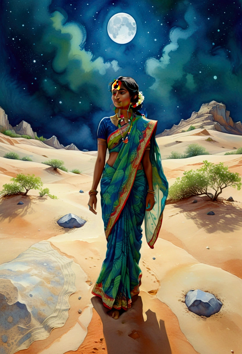 Batik art style, an Indian woman figure wearing saree, walking south on lunar surface, background with contrasting blue and green hues, soft lunar light, sands and rocks scene,  peaceful dreamlike environment, stillness emphasized, ethereal atmosphere, digital painting, ultra fine, vivid colors, highly detailed