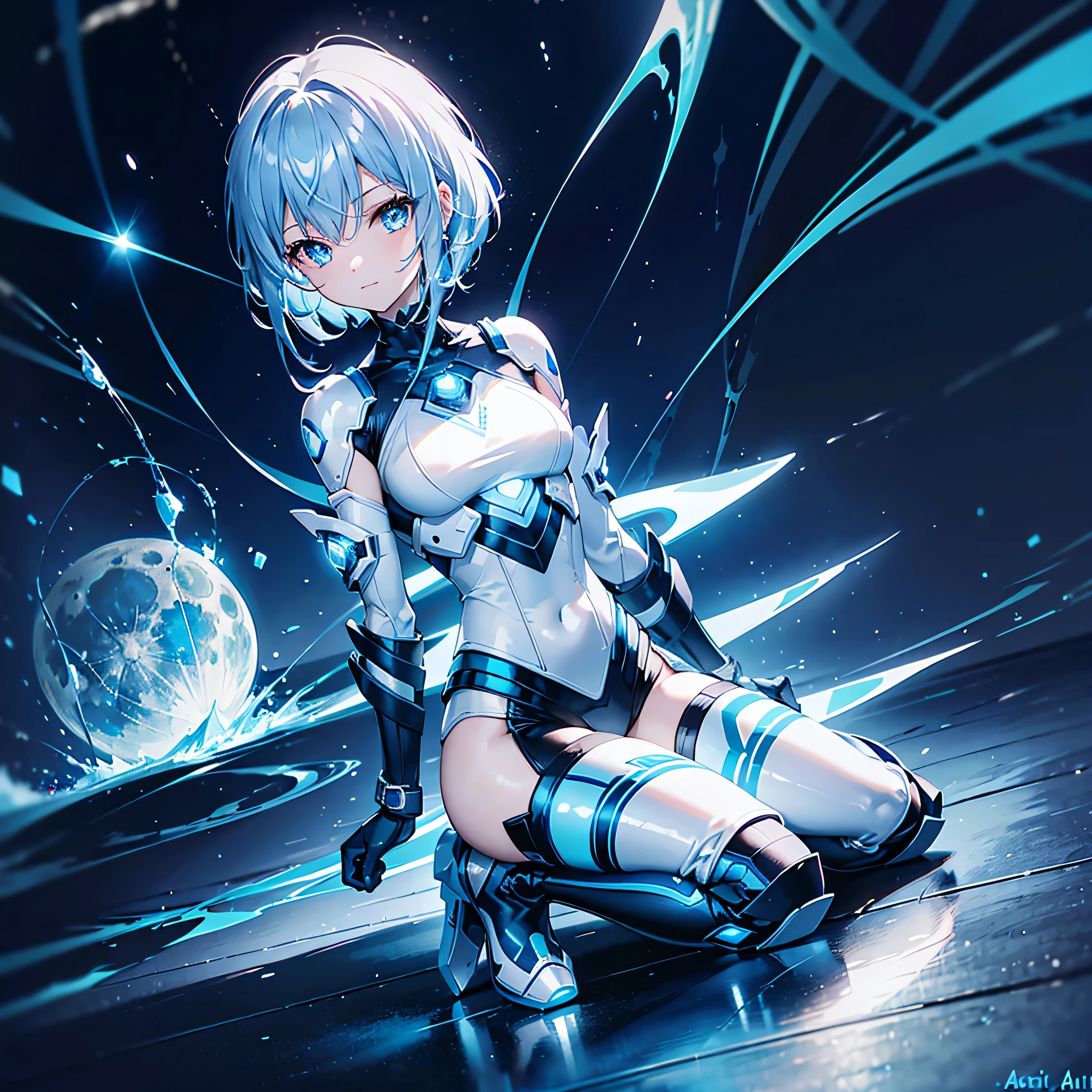 8k, Highest quality, (real:1.4), Original photo, 1 girl, Asari Hair, Biological Amplifier, Very sleek and futuristic armor, posture: Peace talks between warring factions,,attention arousal, smart blue eyes,A modest smile,Knee-high boots,Patent-look blue tights,Blue big moon and blue light swirl in the background,Blue light from behind,blue light magic,A small, glowing blue ball in the palm of your hand,Blue flame swirl,Blue Comet,Polished floor,