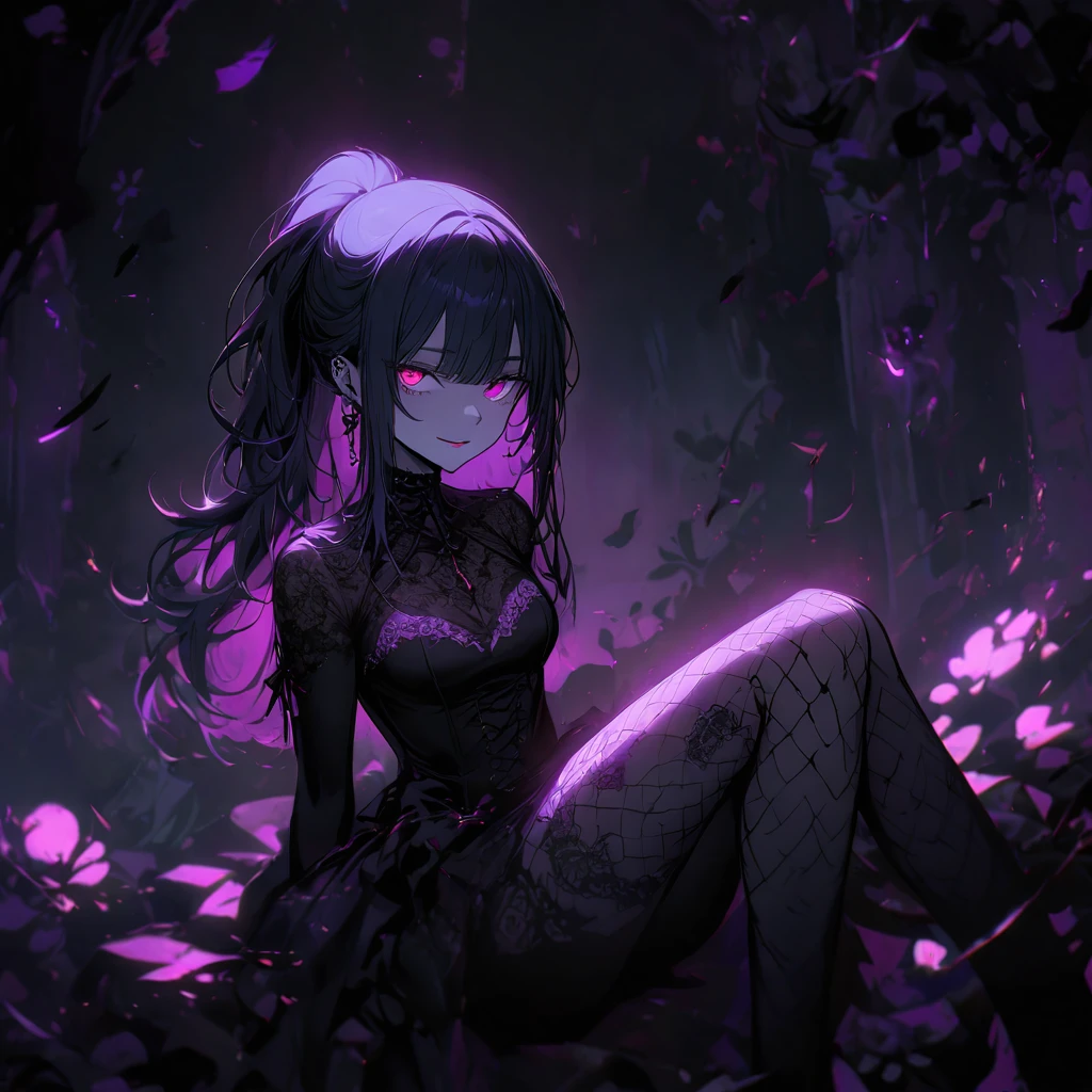(dark atmospher,Gothic fashion,bright colorsbest quality,Super exquisite,),Sexy goth vampire girl,In the rose garden at night,beautiful and delicate eyes,Straight black ponytail with blue tips,crow feathers,red lipgloss stick,mysterious smile,very pale,fishnet stockings,black lace dress,Aura booty pointed toe,The moonlight illuminates your elegant silhouette,Soft shadows and soft highlights,Contrasting colors create a vibrant atmosphere,dark, moody color palette,Subtle lighting effects, but dramatic,Sublime darkness intertwined with exquisite moonlight