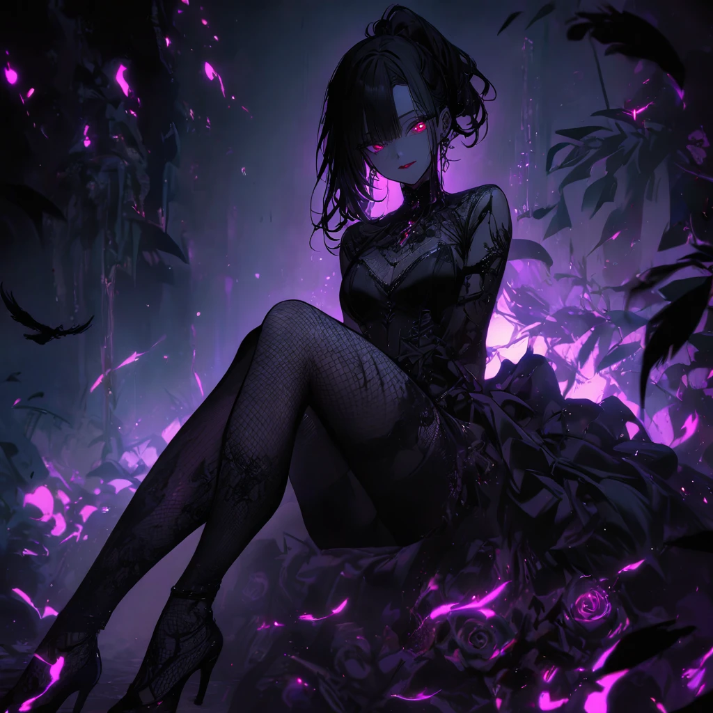 (dark atmospher,Gothic fashion,bright colorsbest quality,Super exquisite,),Sexy goth vampire girl,In the rose garden at night,beautiful and delicate eyes,Straight black ponytail with blue tips,crow feathers,red lipgloss stick,mysterious smile,very pale,fishnet stockings,black lace dress,Aura booty pointed toe,The moonlight illuminates your elegant silhouette,Soft shadows and soft highlights,Contrasting colors create a vibrant atmosphere,dark, moody color palette,Subtle lighting effects, but dramatic,Sublime darkness intertwined with exquisite moonlight