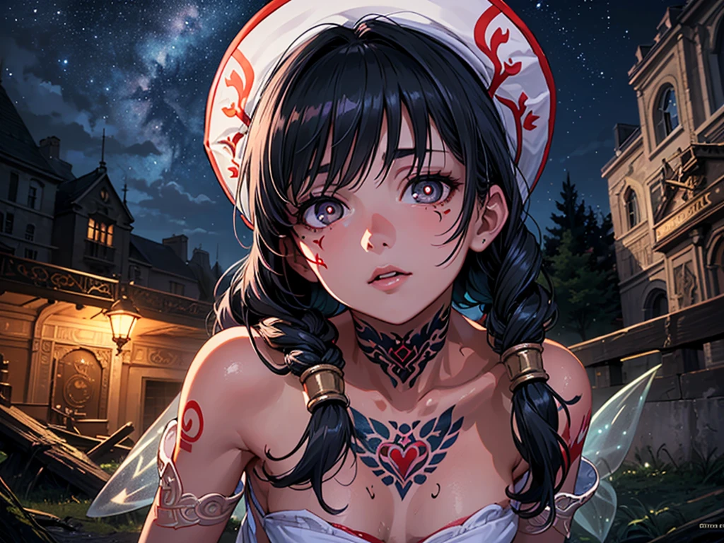 (masterpiece, Highest quality:1.3), (Upper Body:1.3), Perfect Face, Expressive eyes, 1girl, View your viewers, , (The body is slim, Small breasts:1.3), beautiful, anime, girl, roller, blade, 1girl, Dark Skin, Black Hair, Braided Pigtails, White Hat, Tight Arabian clothing, See through, (squat:1.2), (Orgasm Facial:1.4), (Big cute eyes:1.5), (Hollow Eyes, Simple eyes, Glowing red pupils:1.2), (Groin tattoo, Luminous tattoo:1.5), (Cinema Lighting, fairy tale, Realistic, dream-like, Enchanting atmosphere:1.5), (fantastic and beautiful night sky, Abandoned park:1.5),