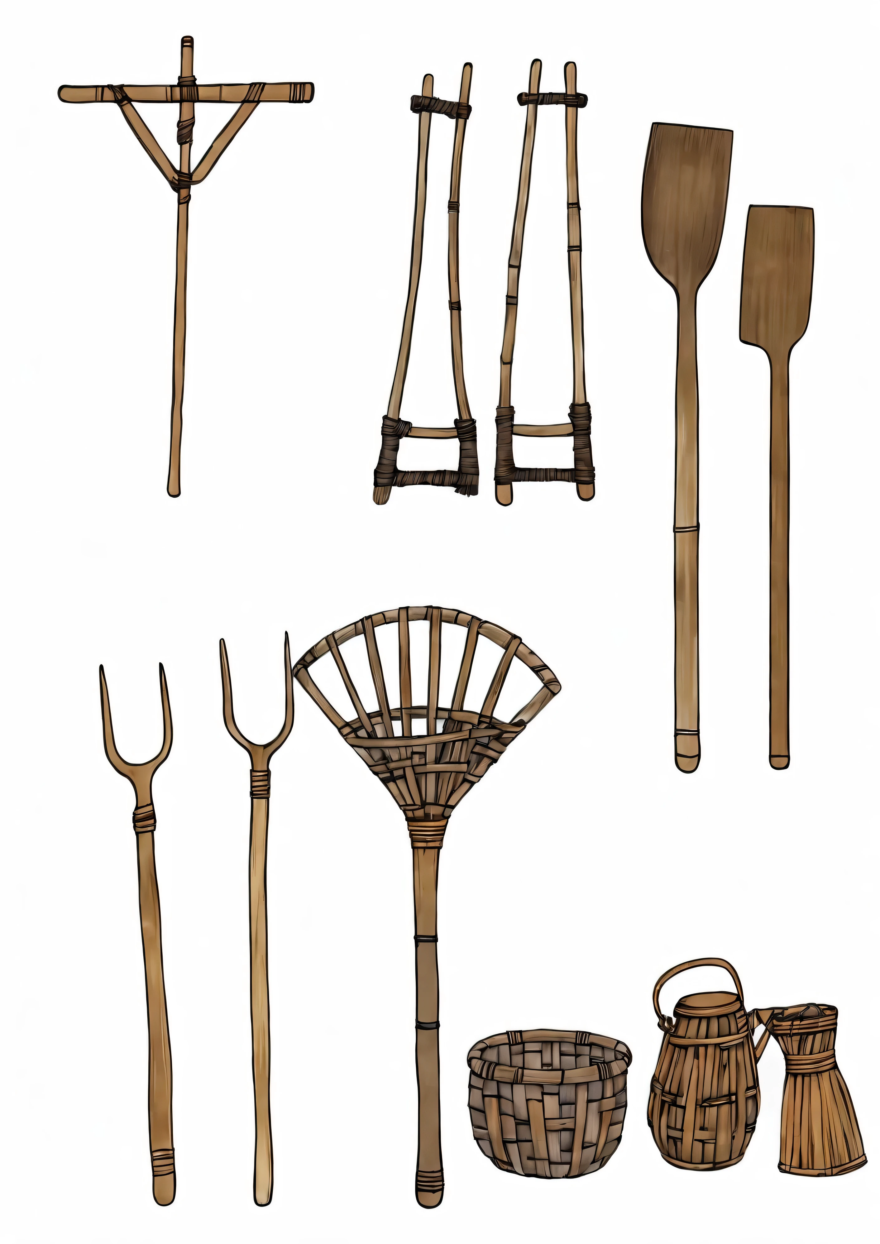 Tools，Rattan basket，Bamboo，Wooden Tools，Wooden fork，shovel，Wooden frame，Bamboo Broom，Handmade rattan products，author：Randolph Caldecott, (Watercolor, masterpiece, Line art, Illustration Art, Professional line art, Super complex and detailed, Chinese painting，8k:1.3)