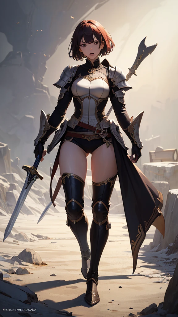 (masterpiece, 4K ,Super detailed:1.2), (anime:1), (Perfect quality), (anger), The whole body is shown, View Viewer, Holding a longsword, Adult women, tall, Full Body Art, Knight's full plate decorated armor, Silver Cape, Perfect detail, Desperate look, Ultra violent women, Powerfully々And, Muscular