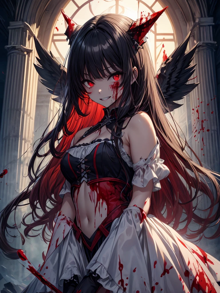 (Highest quality,4K,High resolution,masterpiece:1.2),Very detailed,Realistic:1.37,Spooky altar background,Dark fantasy,Red color scheme,Ominous atmosphere,Eye-catching,Storytelling,anatomy,Anime Style,Concept Art,beautiful細部までこだわった顔と (((Red eyes ))),A terrifying ritual ,Satanic Ritual,Premature death,Improper behavior,クレイジーなsmile,Scythe Face,Girl Monster, beautiful, Delicate facial features, Sharp Eye, Sharp Fangs, Pale skin, Thick chain, Dark Background, Cinema Lighting, Dramatic Shadows, Gothic style, Gloomy atmosphere, Dark fantasy, One Girl, , Please open your mouth wide, Open your mouth and baring your teeth,Sharp teeth like a beast, Wide lips, very wide mouth, Vermilion cheeks, ,(Blood splatter:1.4),Scary smile, smile,Fallen angel design, Twisted smile、Bloodstained、bleeding from the head,,,,、Blood splatter、,(Blood splatter:1.4),Crossbones, skull,Horror Style, ((Fantasy Fallen Angel Costume)), ((Flowing black hair)), ,(Blood splatter:1.4),Female curves, Sexy flat stomach, Perfect hands, Perfect anime face, ((White ta Dress)), Are standing, ((邪悪なsmile)), ,(Blood splatter:1.4), Steam circulates, Moonlight Illumination, night lighting, disaster々new devil horns,,(Blood splatter:1.6),アニメFallen angel design, Twisted smile、Bloodstained、bleeding from the head,,,,、Blood splatter、,(Blood splatter:1.4),Crossbones, skull,Gothic architecture、Western architecture、Fantasy World、,Victorian cities, Skeleton Gas Light,