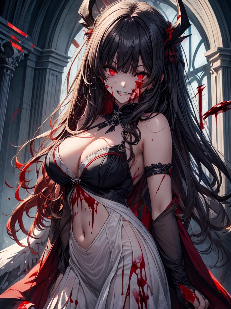 (Highest quality,4K,High resolution,masterpiece:1.2),Very detailed,Realistic:1.37,Spooky altar background,Dark fantasy,Red color scheme,Ominous atmosphere,Eye-catching,Storytelling,anatomy,Anime Style,Concept Art,beautiful細部までこだわった顔と (((Red eyes ))),A terrifying ritual ,Satanic Ritual,Premature death,Improper behavior,クレイジーなsmile,Scythe Face,Girl Monster, beautiful, Delicate facial features, Sharp Eye, Sharp Fangs, Pale skin, Thick chain, Dark Background, Cinema Lighting, Dramatic Shadows, Gothic style, Gloomy atmosphere, Dark fantasy, One Girl, , Please open your mouth wide, Open your mouth and baring your teeth,Sharp teeth like a beast, Wide lips, very wide mouth, Vermilion cheeks, ,(Blood splatter:1.4),Scary smile, smile,Fallen angel design, Twisted smile、Bloodstained、bleeding from the head,,,,、Blood splatter、,(Blood splatter:1.4),Crossbones, skull,Horror Style, ((Fantasy Fallen Angel Costume)), ((Flowing black hair)), ,(Blood splatter:1.4),Female curves, Sexy flat stomach, Perfect hands, Perfect anime face, ((White ta Dress)), Are standing, ((邪悪なsmile)), ,(Blood splatter:1.4), Steam circulates, Moonlight Illumination, night lighting, disaster々new devil horns,,(Blood splatter:1.6),アニメFallen angel design, Twisted smile、Bloodstained、bleeding from the head,,,,、Blood splatter、,(Blood splatter:1.4),Crossbones, skull,Gothic architecture、Western architecture、Fantasy World、,Victorian cities, Skeleton Gas Light,