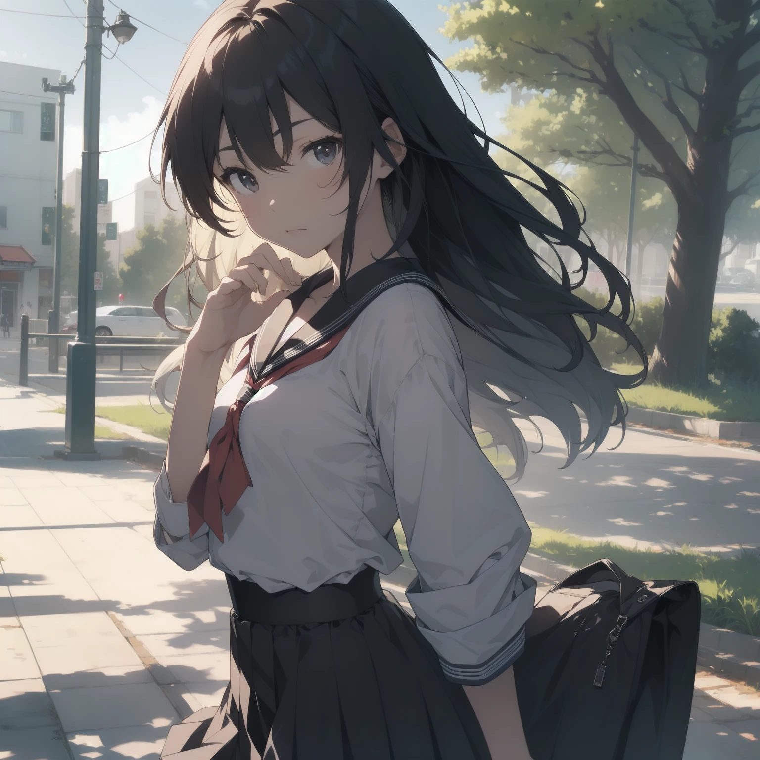 ultra-absurdres-Top quality by artist God, ultra-detailed, high resolution, anime moe artstyle, best anime 8k konachan wallpaper, pixiv contest winner, pool:2810, perfect anatomy,break, 1girl, (Please draw a girl walking sleepily to school alone. )break,(Solo,little female, 13-year-old:1.3),Full limbs, complete fingers,a junior high school student, (very short hair), short cut, flat chest, , small butt, small black eyes, beautiful detailed eyes, well-proportioned iris and pupils, expressive eyes, highres detailed hair, soft expression, salor school_uniform, sailor collar, serahuku, bow, pleated skirt,(Detailed Lighting), (Detailed background), in the School commute route. break,super detailed skin, Best cinematic lighting powered by famous artist, 8k,beauty illustration,photoshop_(medium),very aesthetic,break,((artist:yuuhagi_(amaretto-no-natsu) )), artist:clamp ,artist:carnelian ,artist:kantoku ,