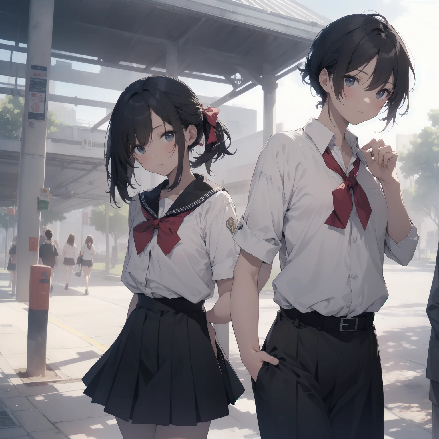 ultra-absurdres-Top quality by artist God, ultra-detailed, high resolution, anime moe artstyle, best anime 8k konachan wallpaper, pixiv contest winner, pool:2810, perfect anatomy,break, 1girl, (Please draw a girl walking sleepily to school alone. )break,(Solo,little female, 13-year-old:1.3),Full limbs, complete fingers,a junior high school student, (very short hair), short cut, flat chest, , small butt, small black eyes, beautiful detailed eyes, well-proportioned iris and pupils, expressive eyes, highres detailed hair, soft expression, salor school_uniform, sailor collar, serahuku, bow, pleated skirt,(Detailed Lighting), (Detailed background), in the School commute route. break,super detailed skin, Best cinematic lighting powered by famous artist, 8k,beauty illustration,photoshop_(medium),very aesthetic,break,((artist:yuuhagi_(amaretto-no-natsu) )), artist:clamp ,artist:carnelian ,artist:kantoku ,