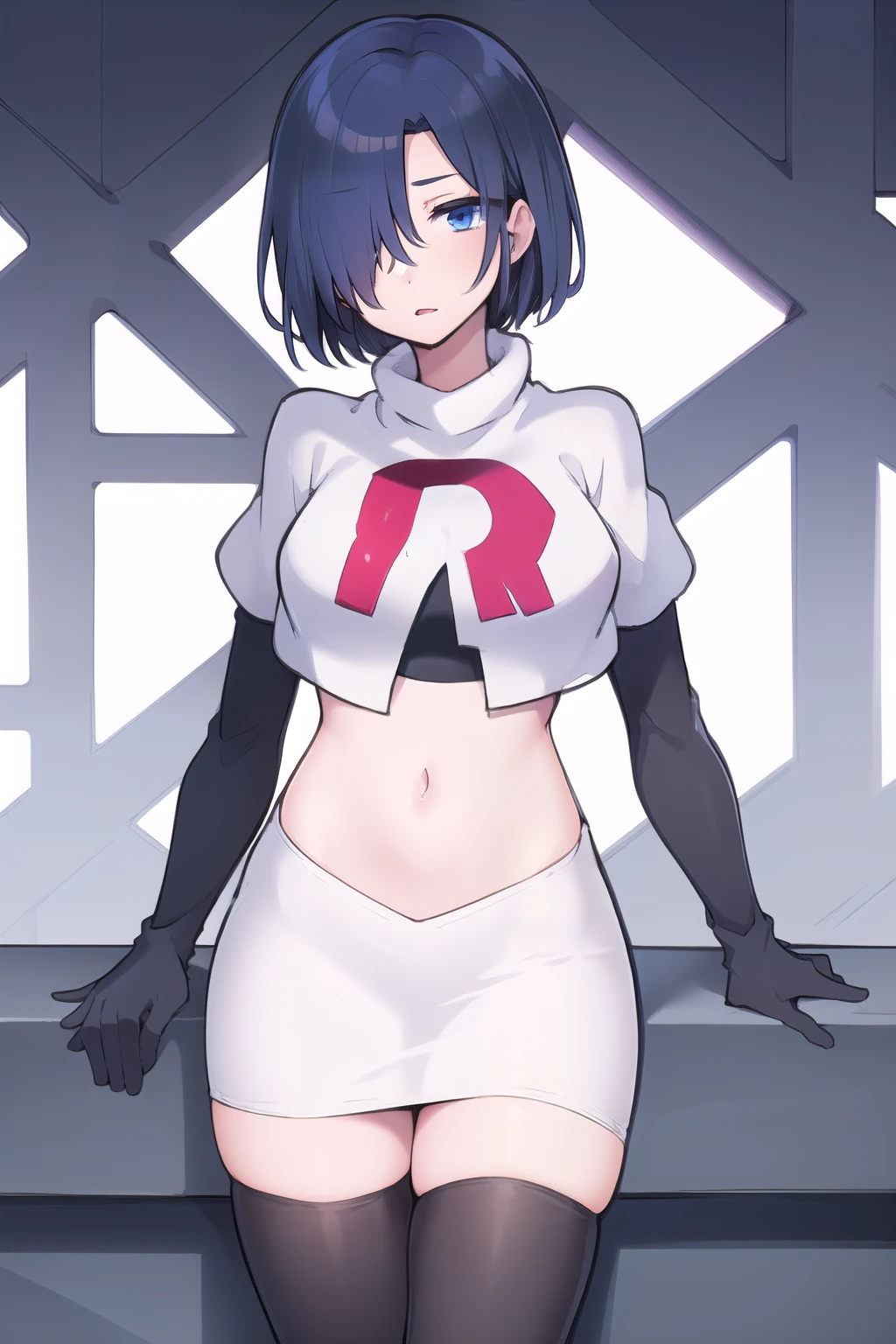 1girl,  kirishima touka, blue hair, hair over one eye, blue eyes, team rocket,team rocket uniform,white skirt,red letter R,crop top,black thigh-highs,black elbow gloves