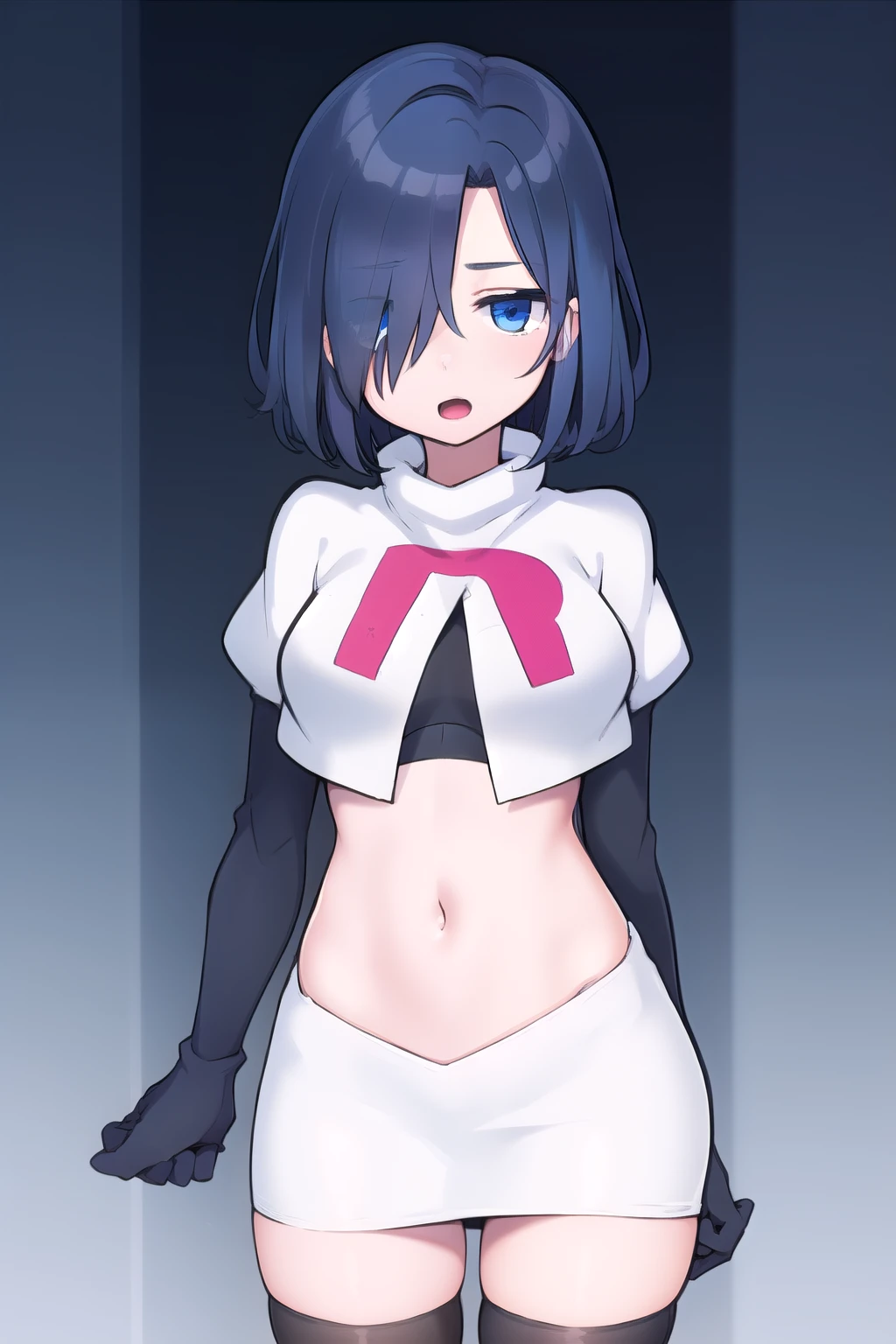 1girl,  kirishima touka, blue hair, hair over one eye, blue eyes, team rocket,team rocket uniform,white skirt,red letter R,crop top,black thigh-highs,black elbow gloves