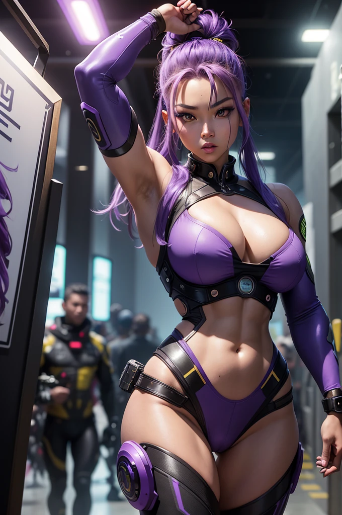 A beautiful, exuberant and very young cybernetic android warrior with black African and oriental Japanese and Chinese features, mixed with the clone of the Greek warrior goddess Athena, with super giant breasts, purple eyes, transformed into a super sensual and extremely muscular astronaut, fitness, fit bodybuilder and weightlifter, wearing very short punk style and purple hair and very straight in locks, wearing cyberpunk battle clothes, running dynamically on a forest planet full of trees