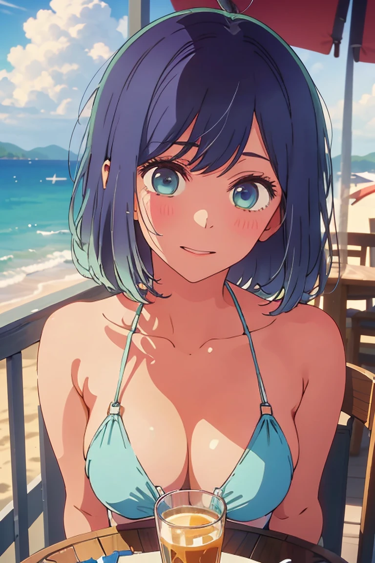 (Highest quality:1.4、masterpiece:1.4、Very detailed:1.4、8k:1.4)、((((1 person、Surprised expression、sit、Cafe Terrace、Coastal、juice、table、Sandy Beach、juiceのグラスを持つ、Very soft 、Big eyes、Very cute face))))、(Big areola sticking out from micro bikini:1.4)、F cup bust、Mid-chest、Underbust