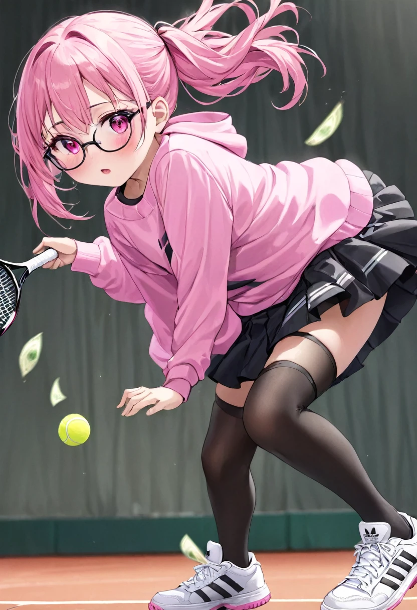 who is 13 years old height 1.49 that she brings money pink hair black glasses pink eyes an extremely blushing face a large pink sweatshirt a short black ripped skirt black stockings white Adidas tennis shoes and that she is an extremely shy girl who is throwing her skirt at a big man