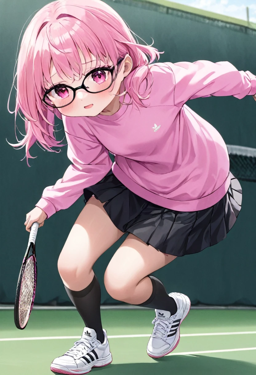 who is height 1.49 that she brings money pink hair black glasses pink eyes an extremely blushing face a large pink sweatshirt a short black ripped skirt black stockings white Adidas tennis shoes and that she is an extremely shy girl who is throwing her skirt at a big man