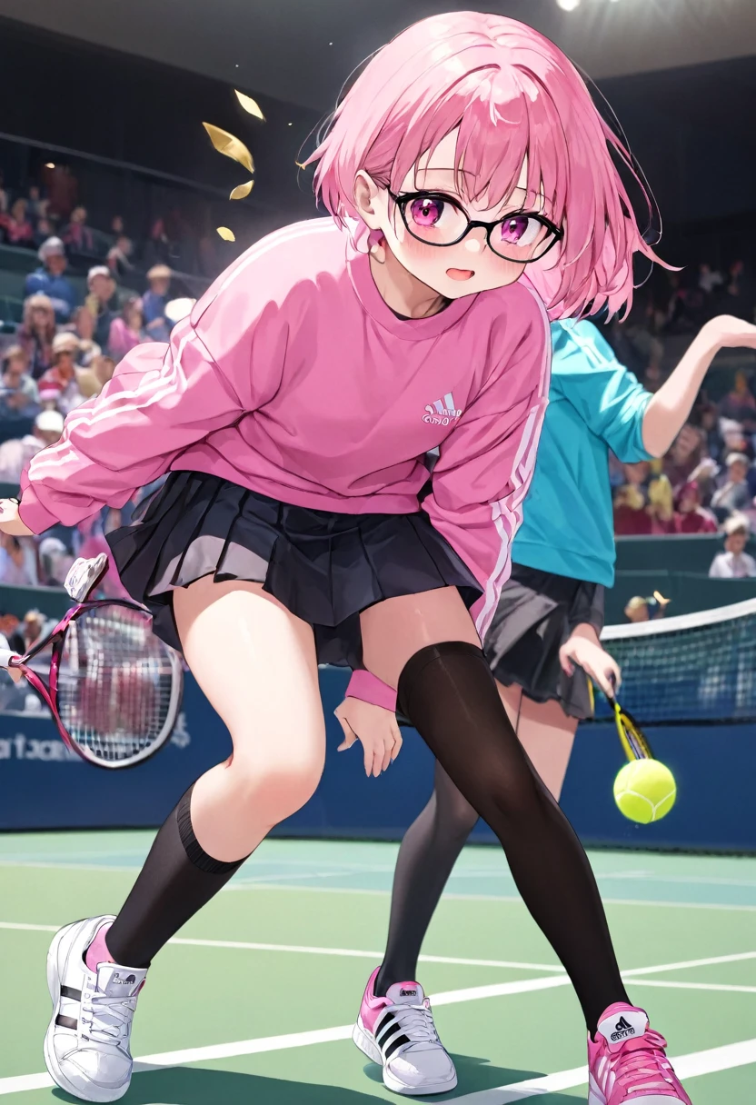 who is 13 years old height 1.49 that she brings money pink hair black glasses pink eyes an extremely blushing face a large pink sweatshirt a short black ripped skirt black stockings white Adidas tennis shoes and that she is an extremely shy girl who is throwing her skirt at a big man