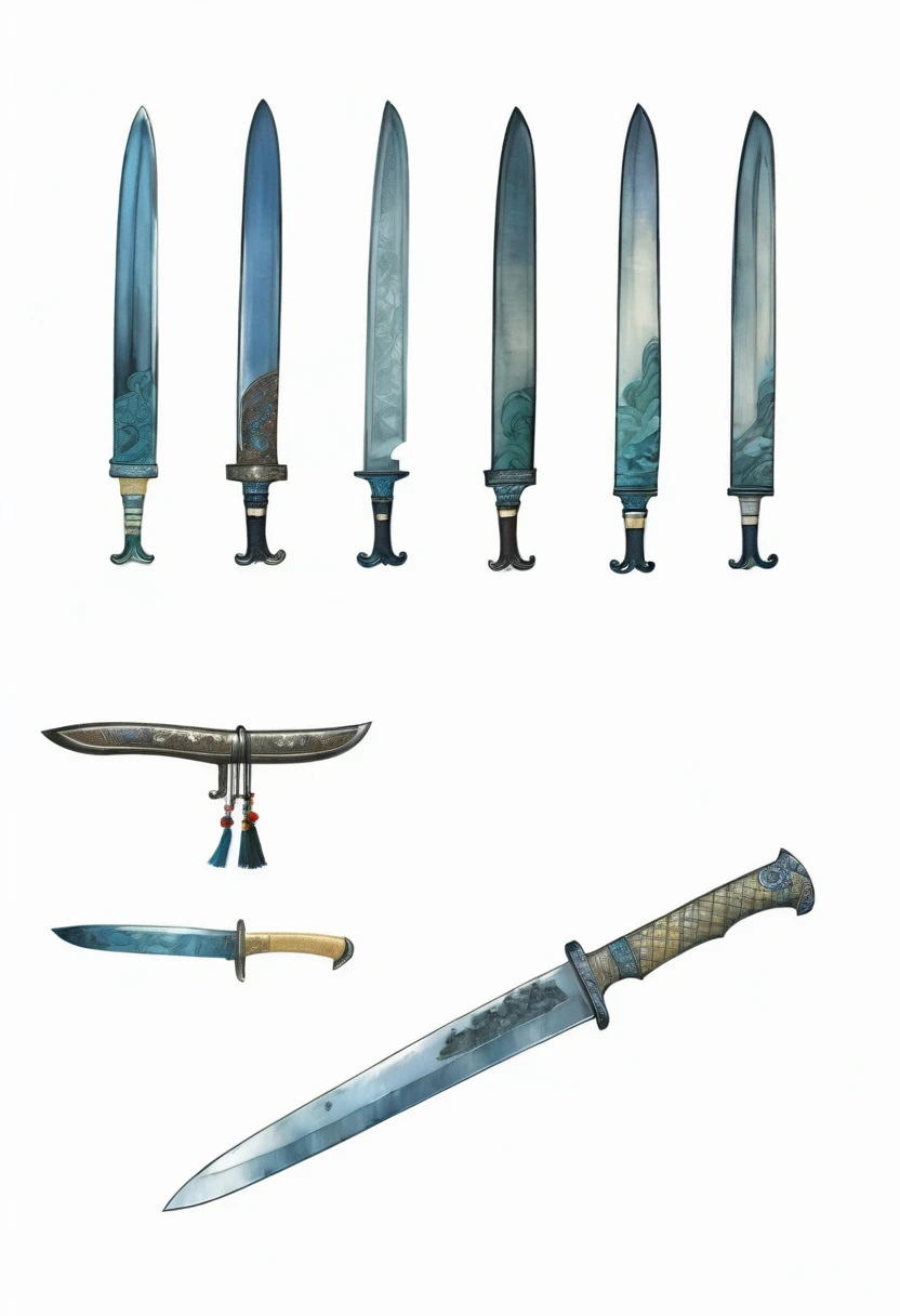 Several different types of knives are displayed in a row, China,Zhou Dynasty,Bronze, sword, Tip of the gun,Ge Ji,dagger,author:Randolph Caldecott, (Watercolor, masterpiece, Line Art, Illustration Art, Professional line art, Super complex and detailed, China画,8k:1.3)