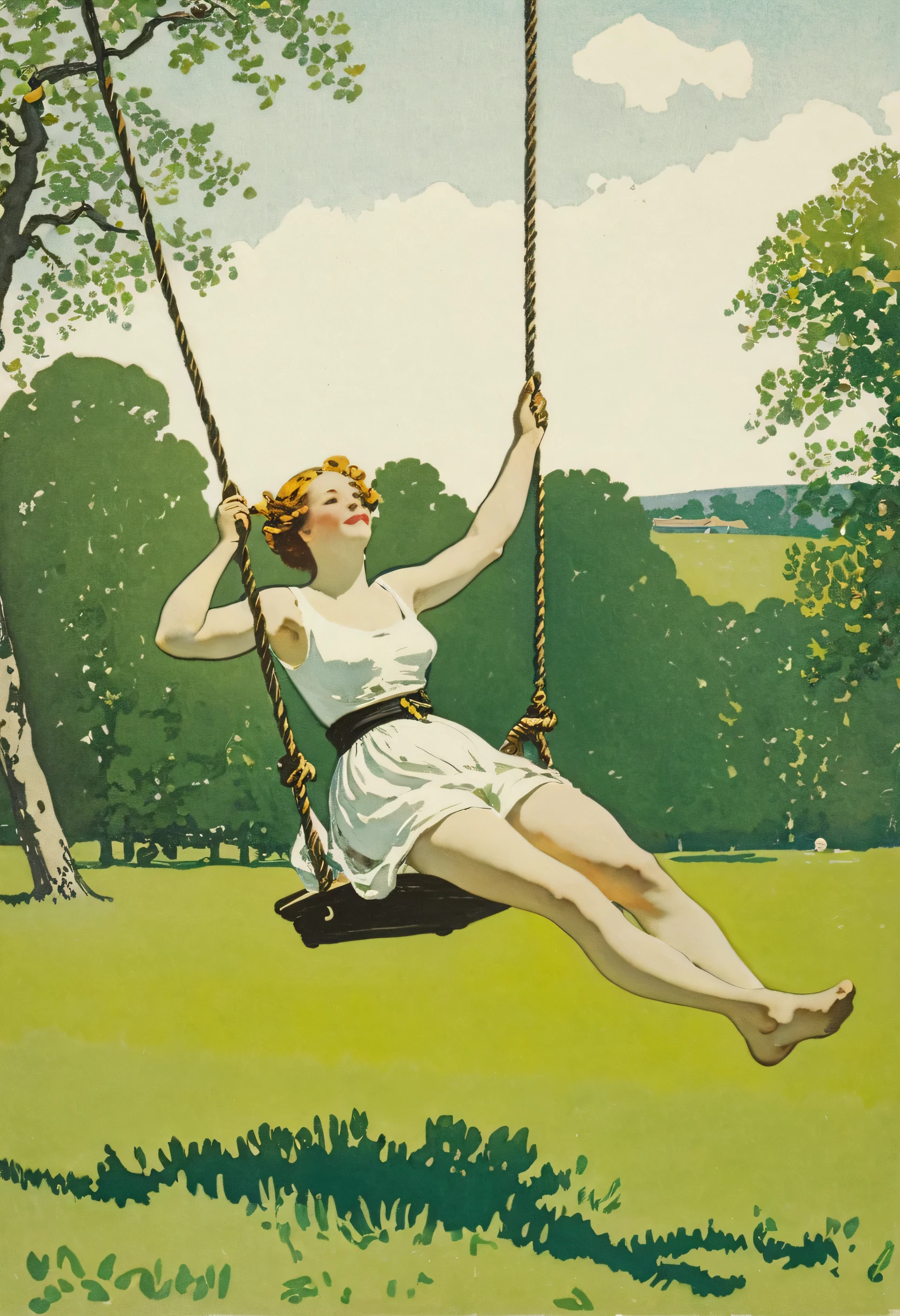 Woman swinging on a rope in a field, By Konstantin Somov, inspired By Konstantin Somov, by Ida Rentall Outweight, By Nikolai Ge, Hans Thoma, inspired by Ida Rentall Outweight, Non-Dual God of Spring, By Julius Klinger, By Randolph Schwabe, Charles Angland、Ink drawing、Masterpiece、Minimalist、