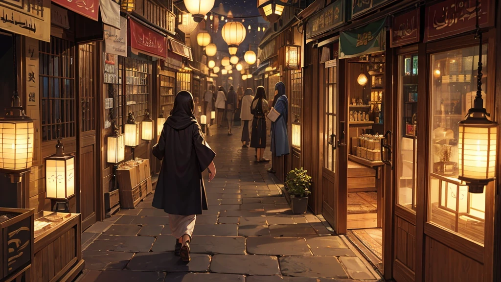 A crowded Middle Eastern bazaar、field、night、The place is packed with precious metals and beautiful textiles.、Ahead of me, a girl wearing a robe is walking down the hallway, looking in my direction.、Fantasy、The lanterns create a fantastic atmosphere