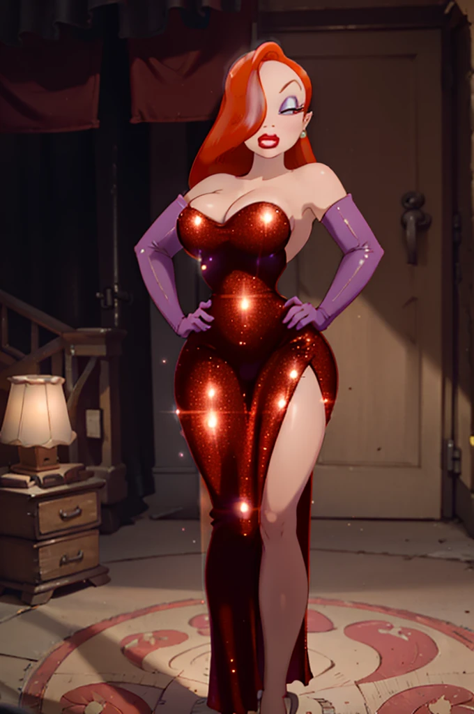 high quality,ultra quality 8k, Ultra 4K,Masterpiece, Orange hair, a tall woman, wide , One eye is hidden by hair, dark purple eyeshadow , Red lipstick, Detailed photos, beauty, attractive body, perfect anatomy of the human body, Jessica rabbit, correct anatomy Bodysuits, Bright red long dress, Dresses with slits up to the waist, Sparkly red sequin dress, Perfect facial balance, long eyelashes, sexy eyebrows, side glance, wide shoulders, Proudly stand up straight, big breasts hands on waist, Soft and sexy look, The background is a black and white movie set.