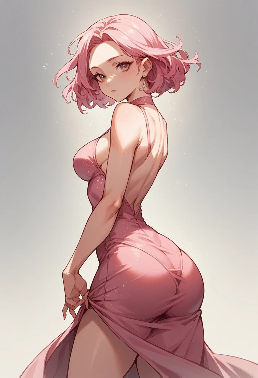 Pink haired girl in an elegant pink sexy dress, medium breasts, big butt , perfect face and hands