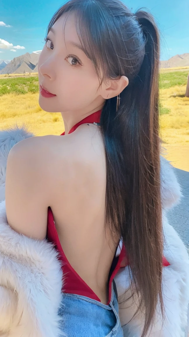 A beautiful, detailed, photorealistic portrait of a solitary woman, with her back turned and her hips facing upwards, featuring glowing skin, (detailed face), set against a high-altitude landscape with a blue sky and grassy plains, highly detailed, in the Tibetan style, wearing a fur coat, jewelry and tattoos, with long, curled brown hair in a high ponytail, and a red headdress, with red eyes.
