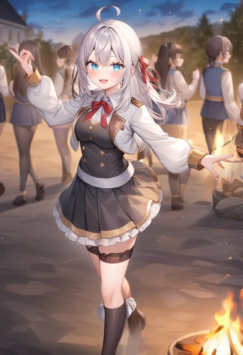 One girl, Alisa Mikhailovna Kujo,Tomorrow, my friend, Arya-san, will be visiting Russia.,alone, Long Hair, Eyebrows visible through hair, Hair between the eyes, Silver Hair, blue eyes, Medium chest, uniform、campfire、Dancing folk dance、
View your viewers,
Highest quality, so beautiful,
