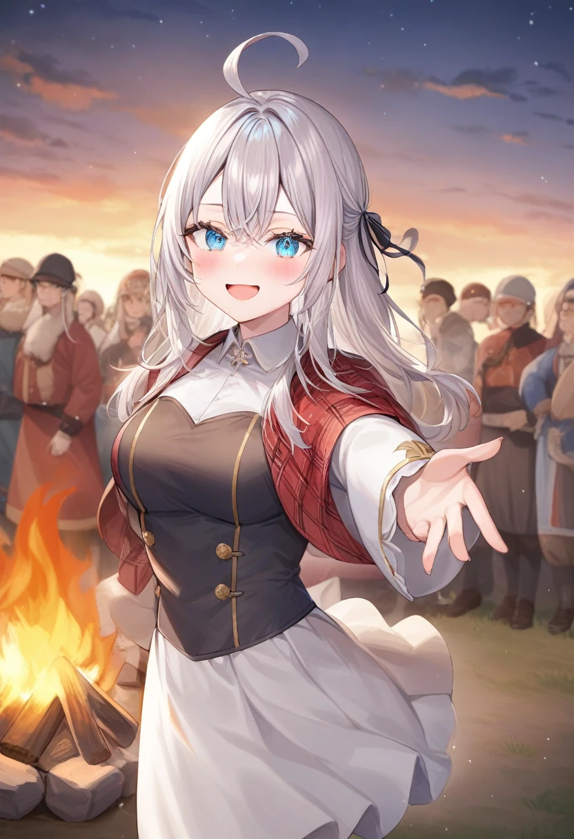 One girl, Alisa Mikhailovna Kujo,Tomorrow, my friend, Arya-san, will be visiting Russia.,alone, Long Hair, Eyebrows visible through hair, Hair between the eyes, Silver Hair, blue eyes, Medium chest, uniform、campfire、Dancing folk dance、
View your viewers,
Highest quality, so beautiful,