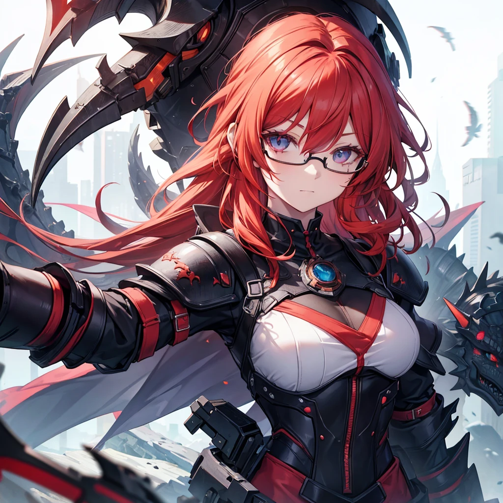 Humanoid female dragon scientist with redhead glasses and listless expression of life with black armor parts on her shoulders.
