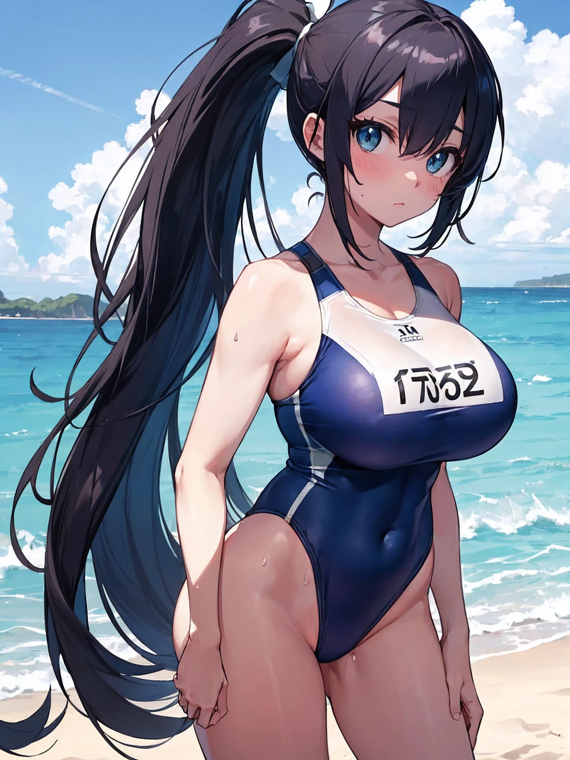 （Sweat, White skin:1.5、Aggressive Pose, ）, cameltoe, Fitness, , ((Beach volleyball swimsuit)),Big Breasts, Sturdy body、Healthy Body、((Big Eyes in Anime)), back、Very long dark blue hair、ponytail
