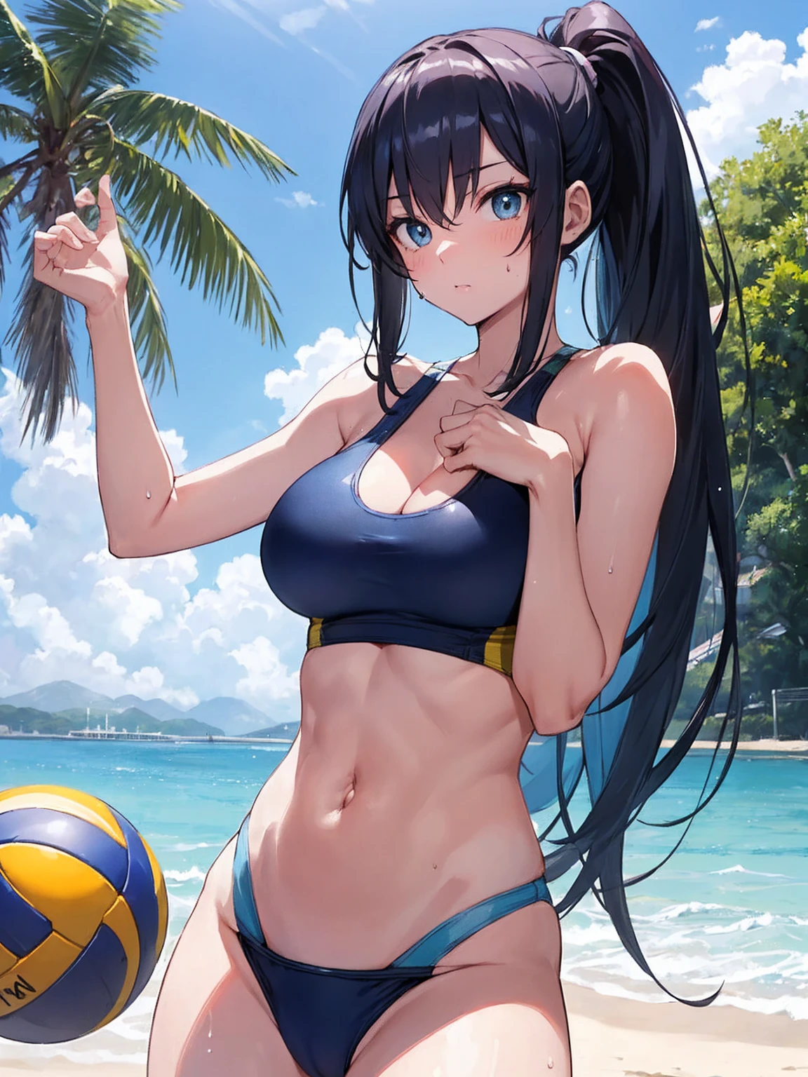 (Sweat, White skin:1.5、Aggressive Pose, ), cameltoe, Fitness, , ((Beach volleyball swimsuit)),Big Breasts, Sturdy body、Healthy Body、((Big Eyes in Anime)), back、Very long dark blue hair、ponytail