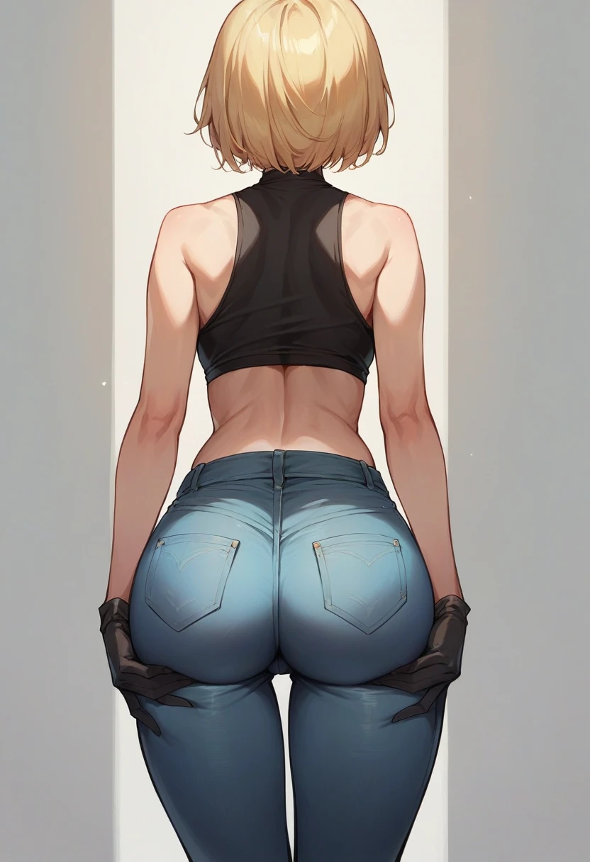 masterpiece, best quality, one blonde girl, black gloves, midriff top, tight jeans, perfect body, rear view, facing away from camera, perfect round butt, wide hips, own hands on butt