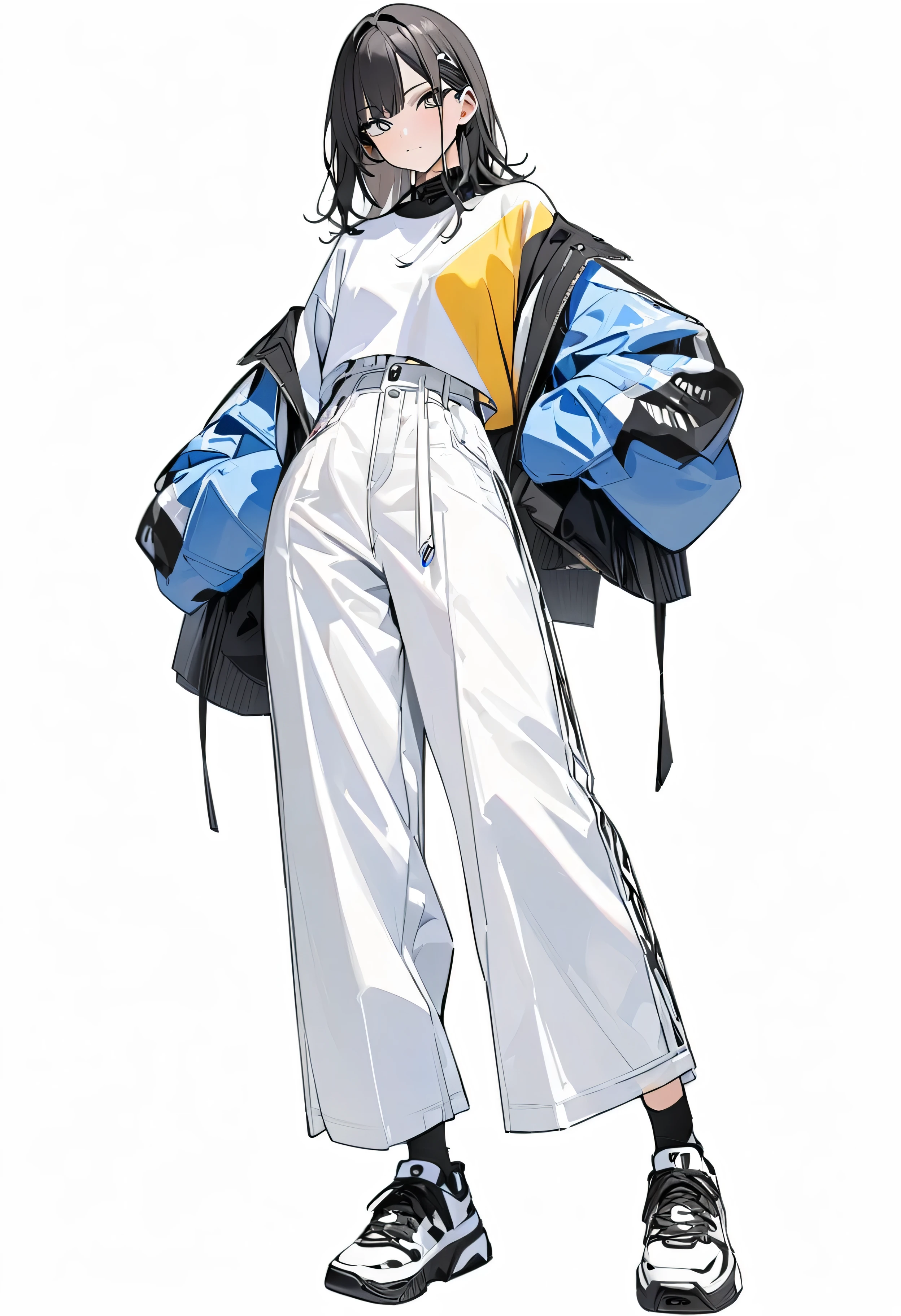 (masterpiece、Highest Resolution: 1.2、8k)、central、whole body、One Girl、Cool Fashion、Wide-leg trousers、simple sneakers、Simple Background、Blank white background #FFFFFF、Open your eyes,
