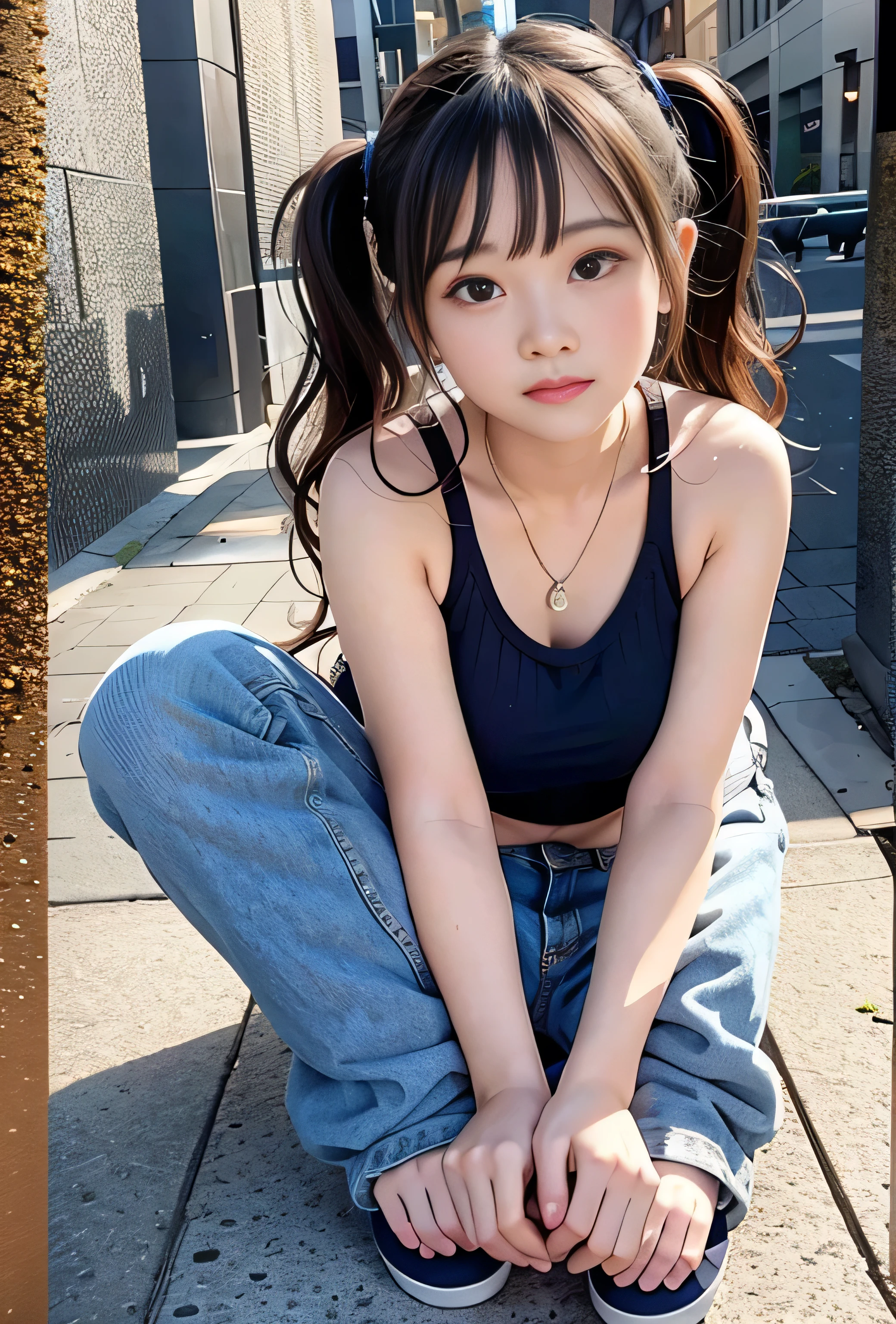 (RAW quality:1.4), (Highest quality,masterpiece:1.3,Ultra-high resolution),(Very detailedな、Caustics) (Realistic:1.4, RAW shooting、)Ultra-Realistic Capture、Very detailed、Natural skin texture、masterpiece、(Sequin tank top and short denim pants:1.3)、1 Japanese girl、Adorable expression、Expressions of happiness、、Young Face、Surprisingly cute、Twin tails、Curly Hair、Black Hair、Scrunchie、Earrings、necklace、light makeup、The Great Depression is about to burst、This photo was taken on a crowded street at night...、Shining thighs、Sit on a bench on the sidewalk、Shooting from the side、smile、An inviting gaze、Blurred Background,