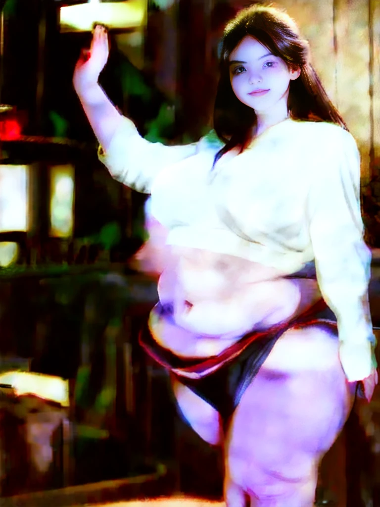 il y a une femme en chemise blanche et culotte noire qui pose, she has a round and big belly, thick, bbwchan, her belly is big and round, sultry body with sexy belly, attractive plus size model, her navel is exposed, hyperrealistic complete figure, corps thick, large stomach, curved model