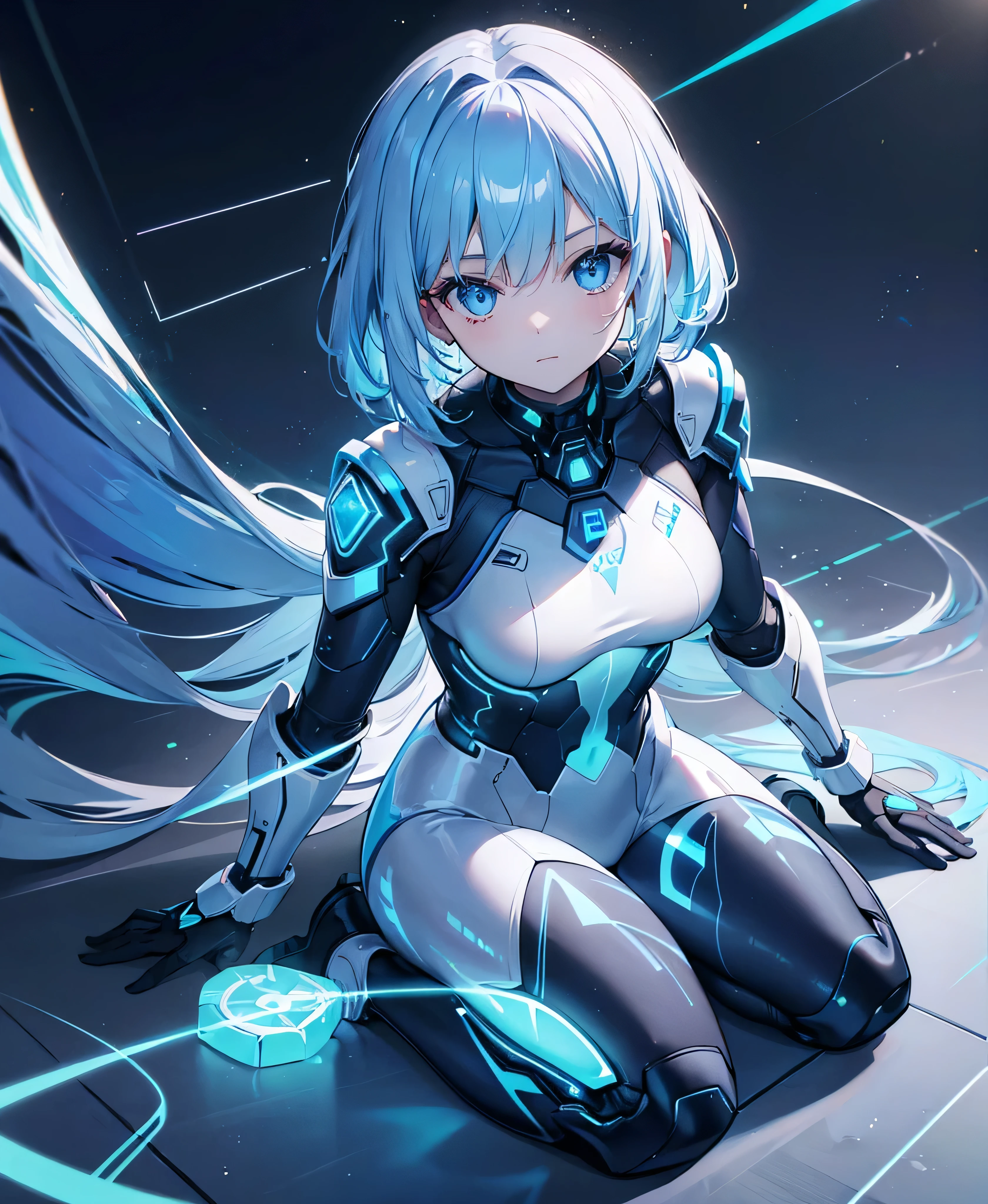 ((Holographic glow effect)),8k, Highest quality, (real:1.4), Original photo, 1 girl, Asari Hair, Biological Amplifier, refined armor, posture: Peace talks between warring factions, smart blue eyes,whole body