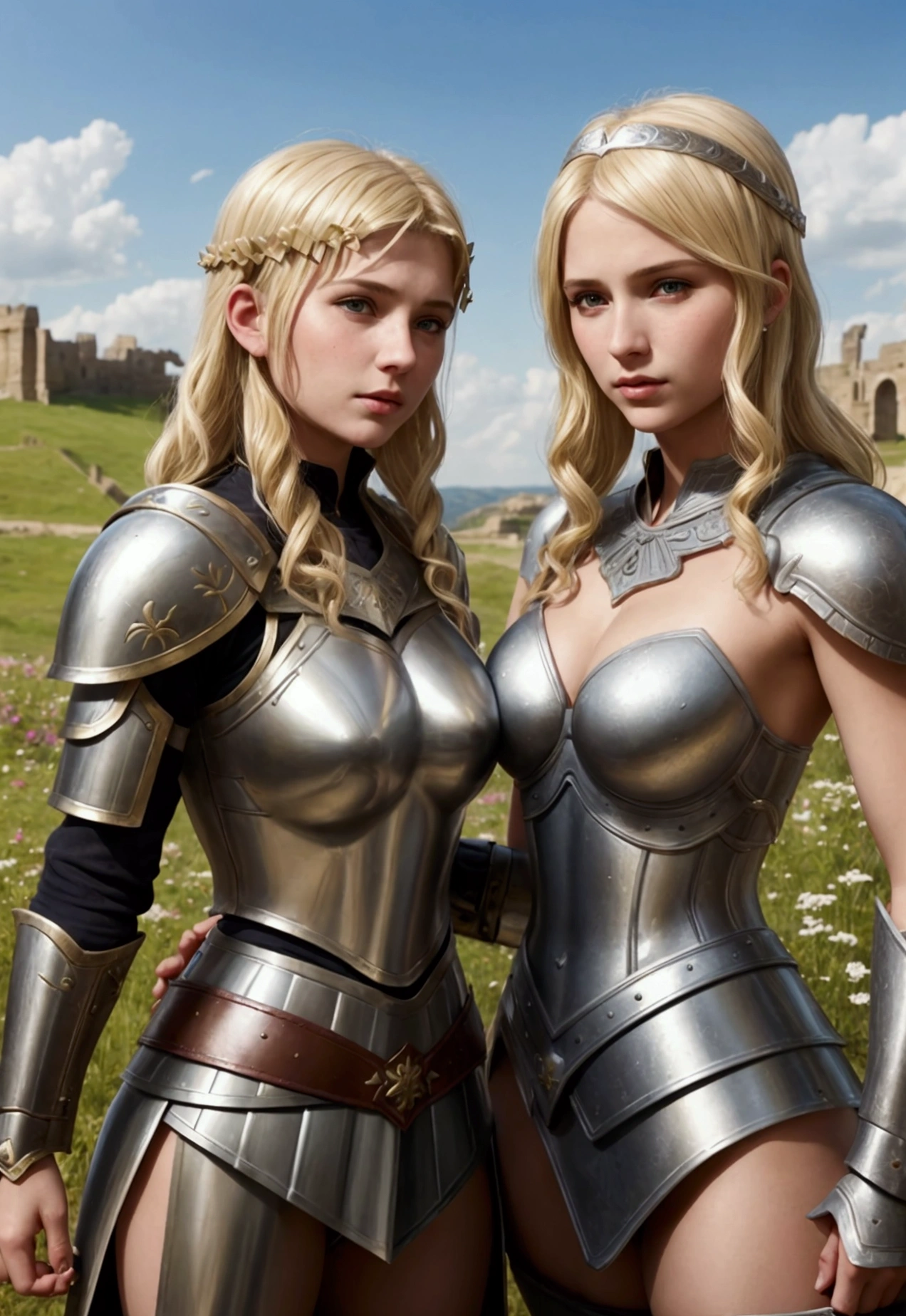 mother and daughter portrait break: mature woman, roman warrior, queens blade , middle age, blonde, detailed face, curvy, fighter position, background in uk land break:  girl, roman warrior, princess blade , 13 yenager girl, s breasts, mini cropped, valkyrian princess ,blonde, detailed face, beautiful, confiant, background in uk land with flowers, soft lesbians