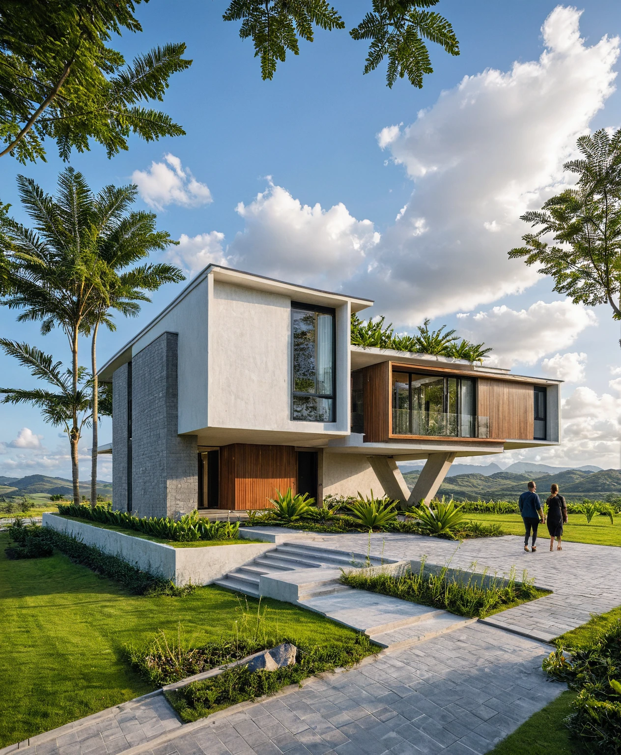 Masterpiece, high quality, best quality, authentic, super detail, outdoors, onestoreyvillaXL, aiaigroup, house style modern on the street ,stairs, white wall ,road,pavement, grass, trees, sky, cloud, (daylight:1.1)
