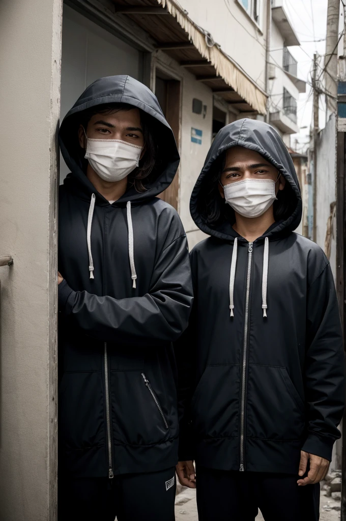 2 hooded men with masks and only their eyes showing, making favela signs with their hands