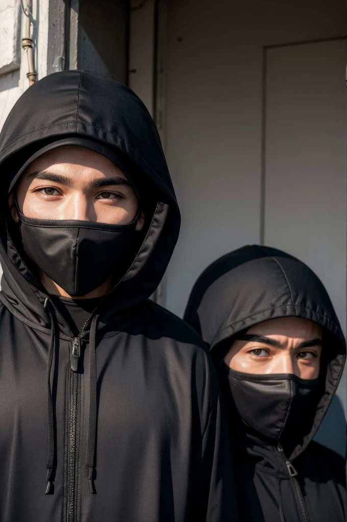 2 hooded men with masks and only their eyes showing, making favela signs with their hands