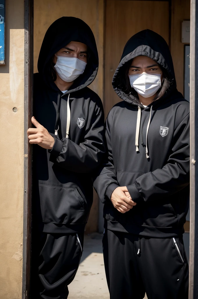 2 hooded men with masks and only their eyes showing, making favela signs with their hands