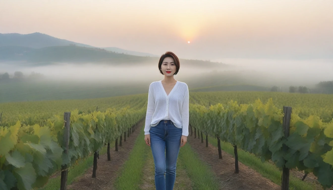 8k realistic, lifelike photo,, 36 year old Korean woman, Short in stature, pretty like a model. front view, White shirt and short cardigan, casual pants, short medium hair, Smiley, Italy. vineyard, thick dawn fog. vineyard 지나 짙은 안개 속으로 저 멀리 성당이 보인다. Full body shot from afar with a wide angle lens , 1 woman, Short in stature, looking at the camera, Excellent picture quality, The morning fog is thick, The picture quality is alive. Full body shot with Canon 16-35 wide angle lens