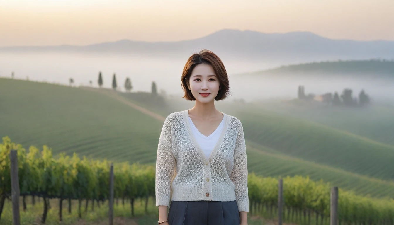 8k realistic, lifelike photo,, 36 year old Korean woman, Short in stature, pretty like a model. front view, White shirt and short cardigan, casual pants, short medium hair, Smiley, Italy. vineyard, thick dawn fog. vineyard 지나 짙은 안개 속으로 저 멀리 성당이 보인다. Full body shot from afar with a wide angle lens , 1 woman, Short in stature, looking at the camera, Excellent picture quality, The morning fog is thick, The picture quality is alive. Full body shot with Canon 16-35 wide angle lens