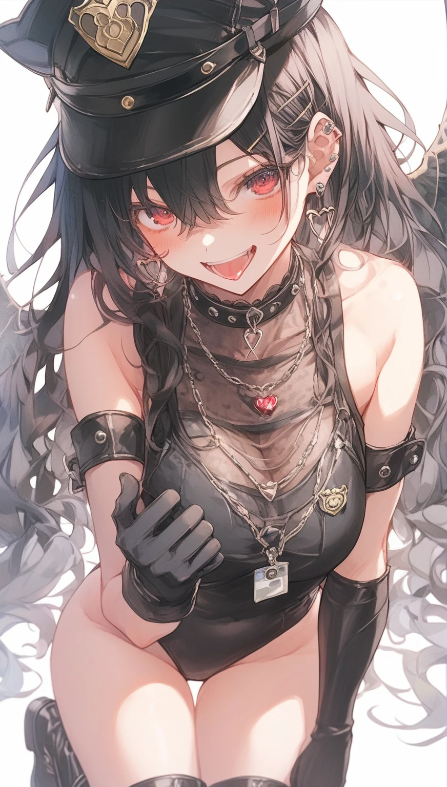 score_9,score_8,score_7,score_8_up,score_7_up、A woman in a very sexy outfit、1girl、Animal ears、boots、指なしgloves、chest、solo、gloves、Thighs、hat、Black Hair、leotard、police、tie、Long Hair、policeの制服、黒いgloves