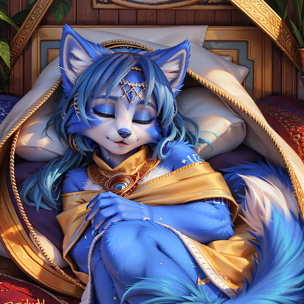 A beautiful and detailed (sweet picture) of ((Krystal)), Star Fox Krystal, green eyes, medium breasts, (((Long blue hair 1.3))), anthro, furry, (of Fluff-Kevlar, Bayard Wu, Personalami, Pino Daeni), detailed fluffy fur, detailed face, (fluffy), 1 girl, alone, lies on a blanket, looks at the viewer, ((Viewer is above her:1.4)), ((sleeps curled up:1.3)), ((cuddles with her tail.1.3))