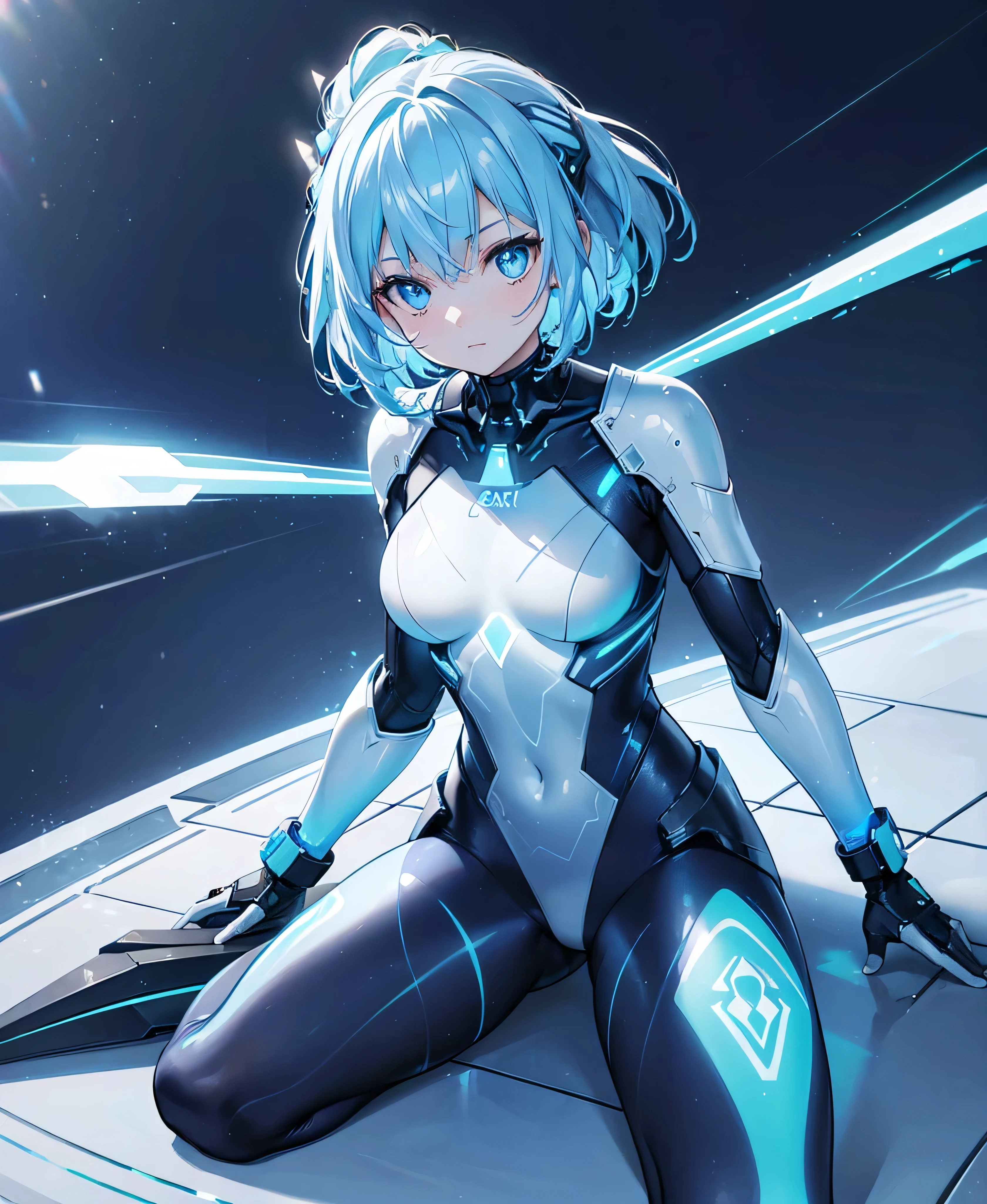 ((Holographic glow effect)),8k, Highest quality, (real:1.4), Original photo, 1 girl, Asari Hair, Biological Amplifier, refined armor, posture: Peace talks between warring factions, smart blue eyes,whole body